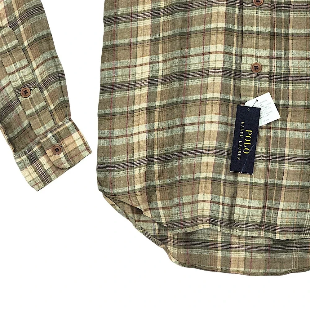 Polo Ralph Lauren Linen Button Down Shirt XS Men Fern Red Plaid Great Escape NEW